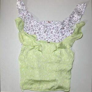 Free People Stay With You Satin Smocked Boho Top Green & White Bundle of 2